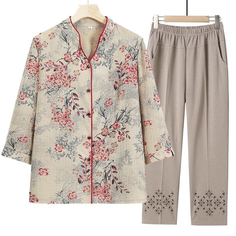 Mẹ Mùa Hè Đầm Ba Phần Tư Tay Áo Sơ Mi Trung Niên Người Cao Tuổi Nữ Mùa Hè Áo Sơ Mi Bà Già Quần Áo Bà Bộ Đồ