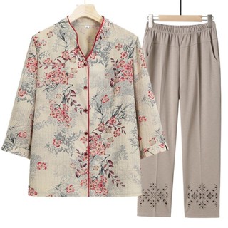 Mẹ Mùa Hè Đầm Ba Phần Tư Tay Áo Sơ Mi Trung Niên Người Cao Tuổi Nữ Mùa Hè Áo Sơ Mi Bà Già Quần Áo Bà Bộ Đồ