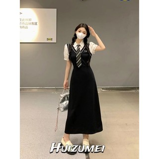 Váy nữ HUIZUMEI Váy ngắn tay chắp vá phong cách preppy