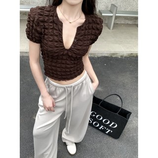Áo thun ngắn tay cổ chữ V thiết kế thời trang dành cho nữ mùa hè màu trơn ngắn tay