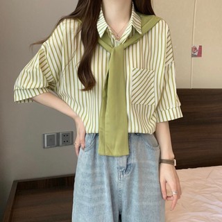 Design Slimming New Niche Two-Piece Slim Fit Casual Shawl Fashion Shirt Temperament Striped Loose FSUB