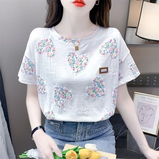 Áo thun nữ tay ngắn in hình trái tim mùa hè mới phong cách Hàn Quốc Áo thun cổ tròn dáng rộng thời trang phù hợp màu trắng ngắn tay hàng đầu VEJC