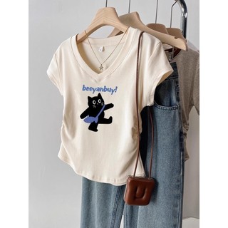 Áo thun ngắn tay cổ chữ V mùa hè 100% Cotton xếp li nữ co giãn cao in hình Hàn Quốc