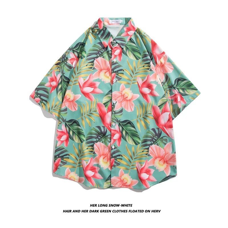 Áo sơ mi nam nữ style Japan-HK, short-sleeve floral, stylish retro design, perfect for beach outings
