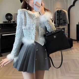 Set áo khoác váy  xếp ly áo khoác dạ phối tay lông, váy áo nữ sang chảnh,khí chất trẻ trung