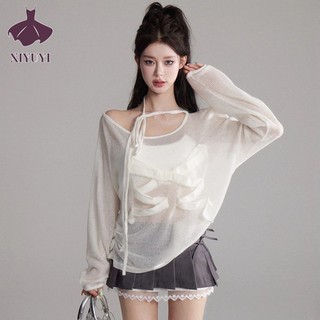 XIYUYI Áo sơ mi dệt kim dài tay màu trắng nơ thời trang nữ phiên bản Hàn Quốc