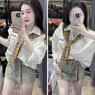  Áo sơ mi trắng dài tay basic phối khăn kẻ bbr cho nữ Top Shirt Women cổ bẻ 14966 