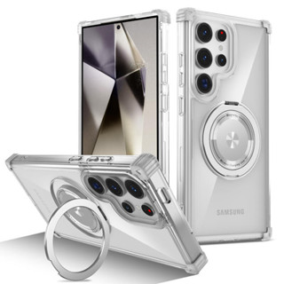 Sang trọng 360° Xoay Giá Đỡ Từ Tính Trong Suốt Túi Khí Ốp lưng Samsung S24 S23 S22 Ultra Plus S23FE Note20Ultra PC Sạc Không Dây Chống Sốc Mặt Sau Cứng