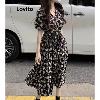 Lovito Váy hoa Ditsy thường ngày cho nữ LNE27258 (Đen)