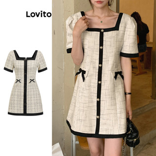 Đầm Lovito họa tiết nơ caro ghép nối màu sắc phong cách thường ngày cho nữ L85AD136