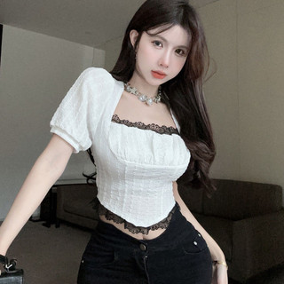 Áo Sơ Mi Voan Tay Ngắn Ren Cổ Vuông Nữ Mùa Hè Tay Phồng Đáy Top
