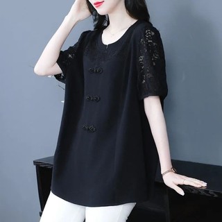 XL-5XL Size Lớn Nữ Mùa Hè 2024 Mới Tay Ngắn Khóa Nối Ren Top Áo Sơ Mi Nữ Rời