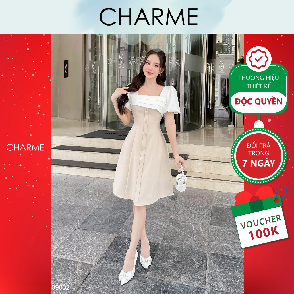 Váy nữ dáng xòe xếp ngực chéo tay bồng Charne 309002