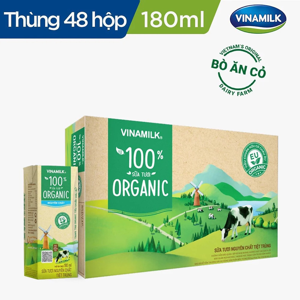 [Vinamilk] Thùng 48 Hộp Sữa Tươi Tiệt Trùng Vinamilk 100% Organic - 180ml/hộp