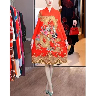 Xếp Ly 2024 Đầu Xuân Phong Cách Mới Phong Cách Trung Hoa Năm Rồng In Hình Rời Ôm Hơn Nhìn Đầm Đỏ Tính Khí Retro Giảm Tuổi