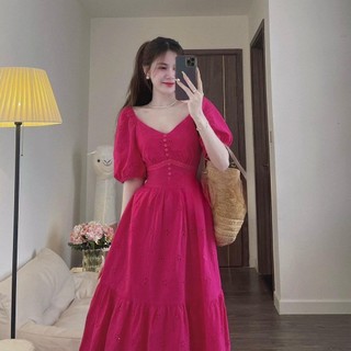 Váy thô boi cổ v dáng xoè chất thô mềm mát