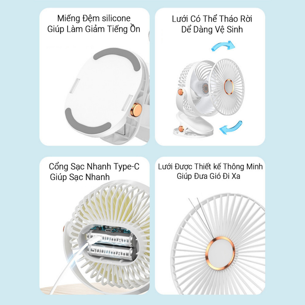 Quạt Mini Kẹp Để Bàn Cầm Tay Pin Sạc 10000 MAh, Xoay 720°, Sử Dụng Liên Tục 10 Giờ | BigBuy360 - bigbuy360.vn
