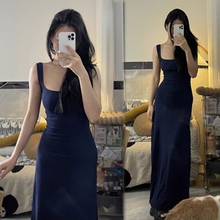  Váy cottagecore Váy 2 dây trễ vai bigsize nữ Đầm hai dây đi biển Phong Cách Mới Xanh Hải Quân Cổ Vuông Pure Desire Hot Girl Sling Cao Cấp Trắng Dài Không Tay Áo Vest Đầm Nữ 