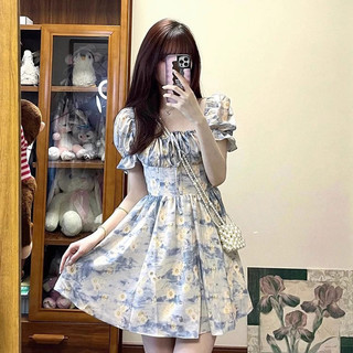 Váy cottagecore Đầm babydoll Váy xinh hoa nhí Phong Cách Pháp Cổ Vuông Tay Phồng Đầm Hoa Nữ Mùa Hè 2024 Phong Cách Mới Ngày Lễ Phong Cách Hẹp Eo Chữ A Váy