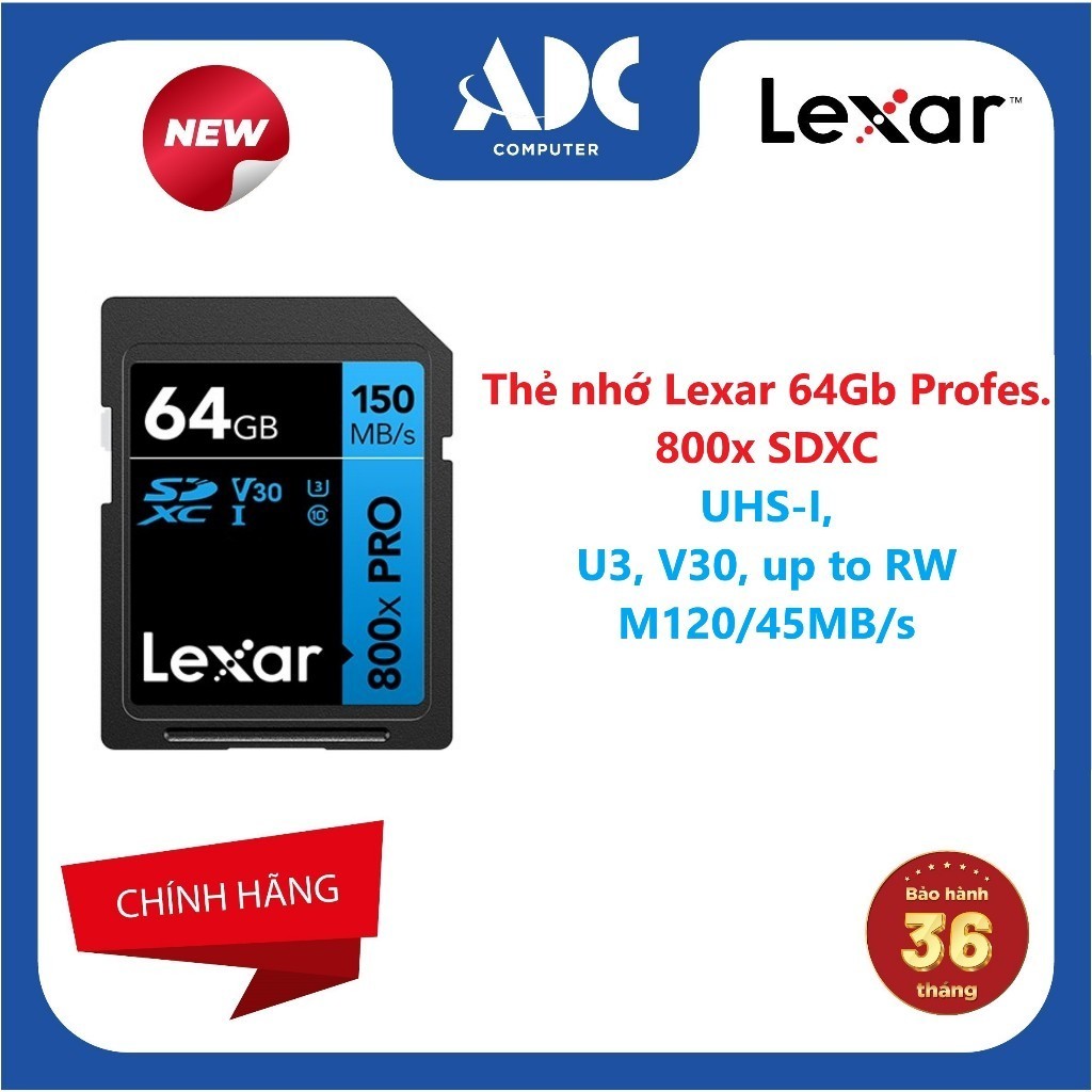 Thẻ nhớ Lexar 64Gb Profes. 800x SDXC UHS-I, U3, V30, up to RW M120/ 45MB/s