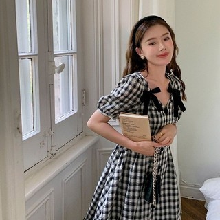 Váy Dài Vừa Khí Chất Tôn Dáng Gầy Chít Eo Tay Phồng Kẻ Caro Cổ Điển Kiểu Pháp Mẫu Mới Mùa Hè Cho Nữ
