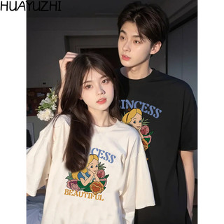 Huayuzhi IHHKKE 100% Cotton Cổ Tròn Tay Ngắn Họa Tiết Alice 's Wonderland Thời Trang Hàn Quốc Áo Thun Cặp Đôi