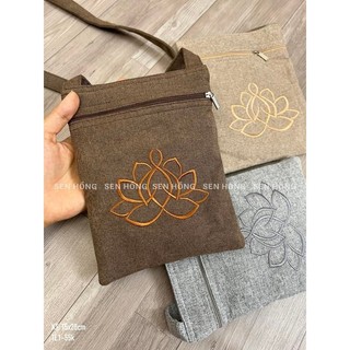 Túi phật tử đeo chéo - túi đi chùa dành cho phật tử thêu sen 3 ngăn kéo, túi đi lễ đeo vai size 15x20cm tl1
