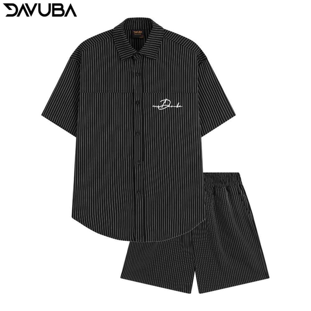 Bộ quần áo DAVUBA kẻ sọc cộc tay nam nữ logo thêu SM130 | BigBuy360 - bigbuy360.vn