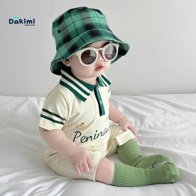 Body đùi cho bé gái bé trai hình Gấu phối cổ Dakimi, Bodysuit cotton mềm mịn, Đồ sơ sinh 0-12M