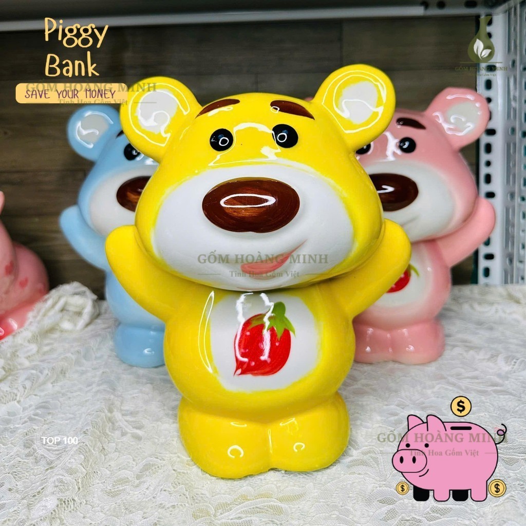 Heo Tiết Kiệm - Gấu Dâu đựng tiền tiết kiệm cao 27,ngang22cm - Gốm Bát Tràng (Tặng miếng chỗng trượt