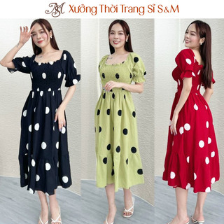 Đầm xòe nhún thun chấm bi tay phồng S&M - GR0164