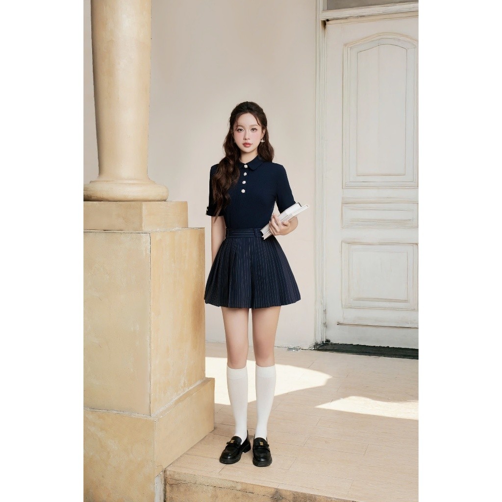 Áo cổ sơ mi cúc đá Elara Tiểu thư điệu đà