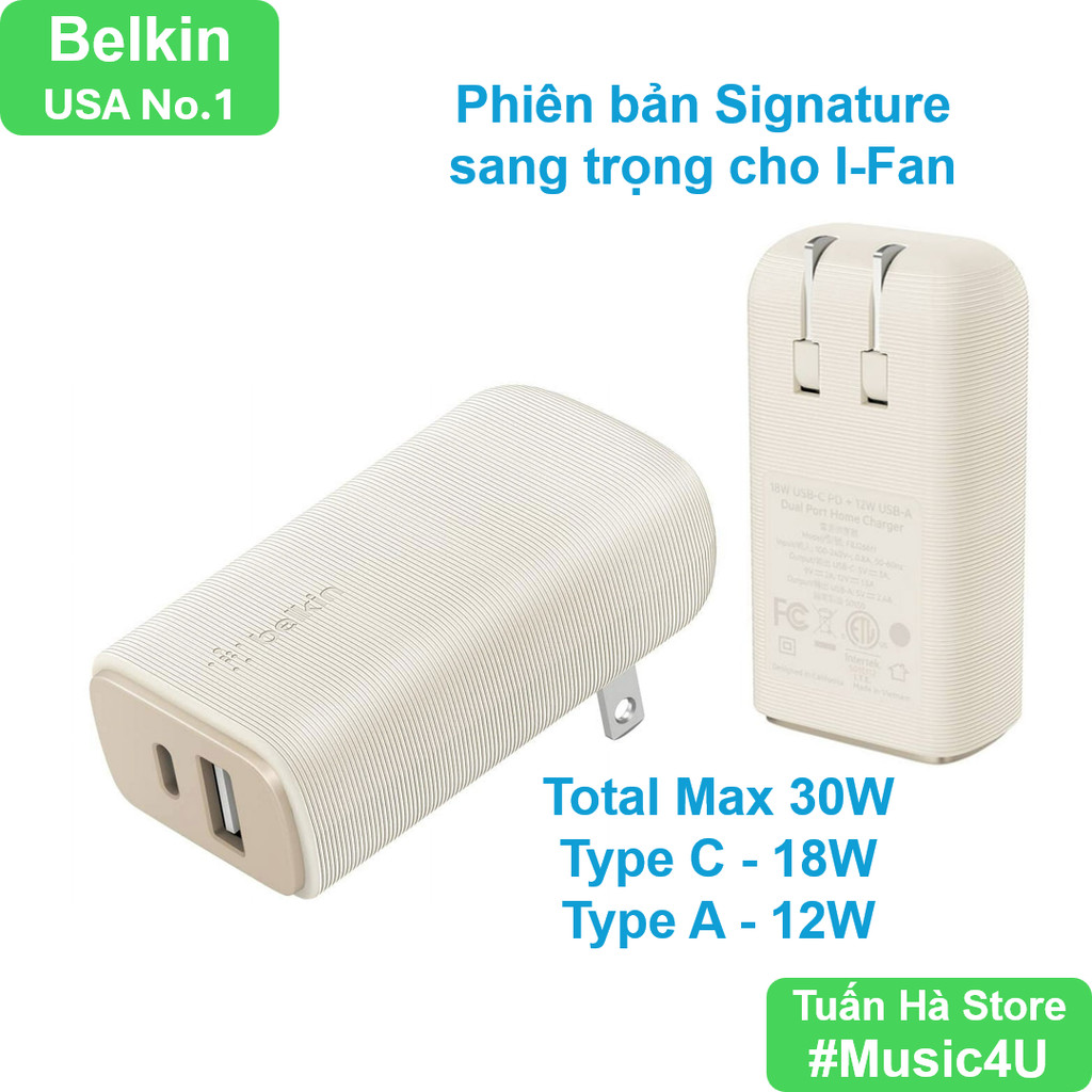 Củ sạc nhanh Belkin bản Signature 30W 2 cổng  USB-C PD 18W và USB-A 12W Tuấn Hà Store