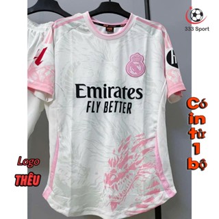 [in sau lưng theo yêu cầu] Quần Áo Bóng Đá, Đồ Đá Banh Real Madrid trắng hồng rồng 2024 25 Mè hàn,không nhăn xù