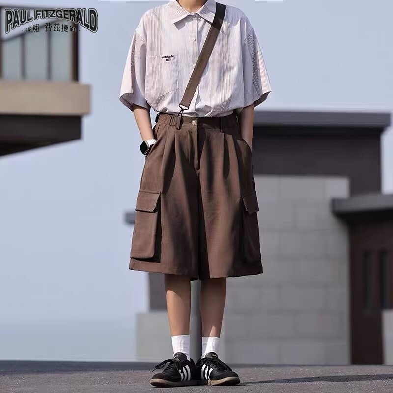 Paul FITZGERALD Mùa hè Nhật Bản retro nhiều túi quần short màu nâu nam