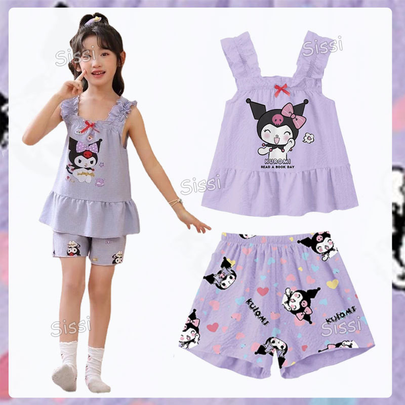 Áo Tank Top Sling Bow Kuromi Pyjama Cho Trẻ Em Bé Gái In Hình Công Chúa Giai Điệu Cinnamoroll Kuromi Đồ Ngủ Terno Trẻ Em Mùa Hè Không Tay Bộ Quần Áo Gia Đình Đồng Thủ