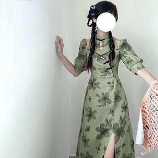 In mực sườn xám cải tiến Phong cách Trung Hoa mới Phong cách Trung Hoa Váy mùa hè dài vừa phải Off-the-Shou