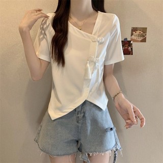 0424 Plus Size Nữ Mới Phong Cách Trung Hoa Khóa Không Đều Ngắn Mùa Hè Béo mm Bao Bụng Cổ Chữ v Tích Cực Vai Áo Thun Tay Ngắn