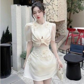 Set áo tay ngắn kèm chân váy chữ A tiểu thư set đầm thiết kế đính hồ điệp xoắn nơ eo HN Clothing S76