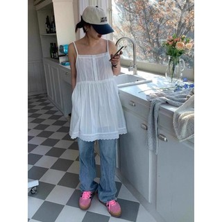 Niche Hàn Quốc Thiết kế đơn giản Cô gái ngọt ngào Ren độc đáo Slimer Look Slim-fit Sling Dress