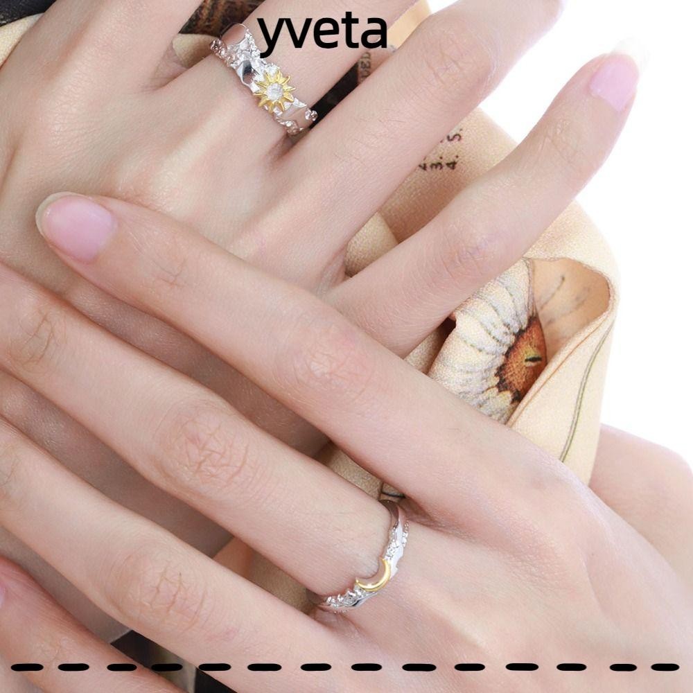 Nhẫn cặp đôi YVETA, Thiết kế mặt trời và mặt trăng Cặp nhẫn mạ bạc mạ bạc, mở phong cách Ins có thể điều chỉnh Chất liệu đồng trắng Nhẫn đồng dành cho nữ