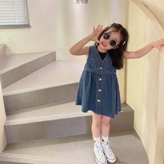 IKIDS cô gái váy công chúa váy xếp ly tay áo vest váy jean set váy jean cho bé gái