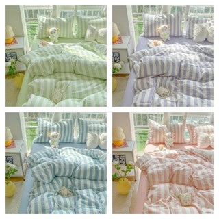 Bộ ga trải giường phong cách dải đơn giản 4 TRONG 1 Bộ chăn ga gối Cotton giặt thân thiện với da Bộ chăn ga gối Tấm phẳng / Vỏ gối được trang bị Đơn / Siêu đơn Double Queen King Size