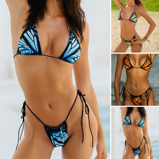 2 Cái / bộ Bướm In Dây Dây Có Thể Điều Chỉnh Dây Đeo Đệm Bikini Bộ Micro Tam Giác Áo Ngực Eo Thấp Thông Bộ Đi Biển