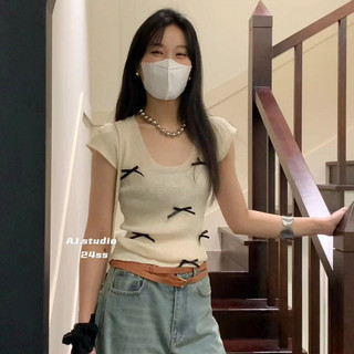 Áo baby tee Áo Coquette Tay Ngắn Áo Kiểu Nữ ôm body Phụ Nữ Phù Hợp Với Nơ Dệt Kim Nữ Mùa Hè 2024 Phong Cách Mới Phiên Bản Hàn Quốc Ngọt Ngào Cổ Chữ U