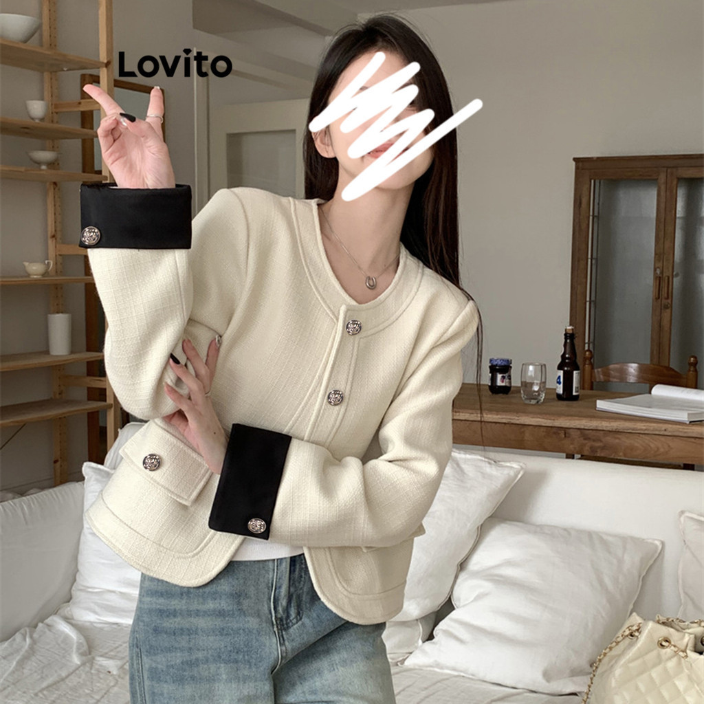 Áo khoác Lovito trơn ghép nối màu sắc phối nút kim loại phong cách thường ngày cho nữ LNE36149 (trắng nhạt)