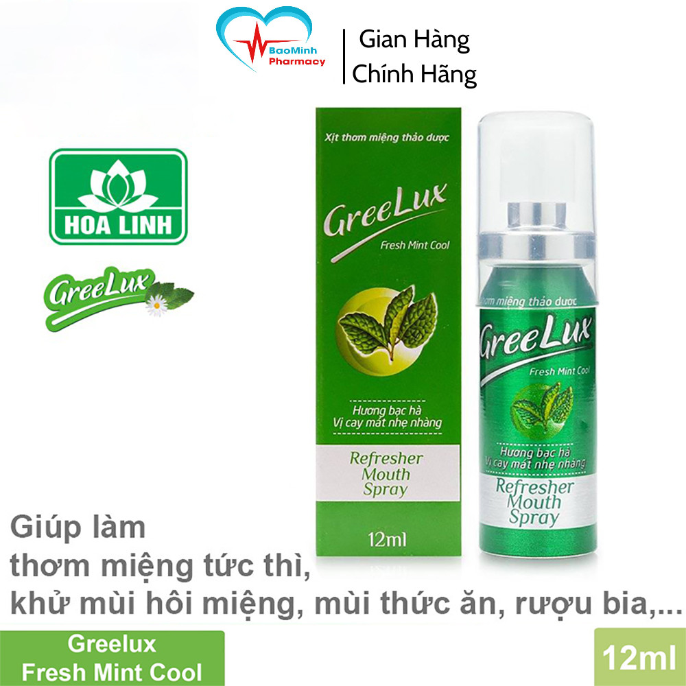 Xịt Thơm Miệng Greelux Fresh Mint Thảo Dược 12ml (vị cay mát) - Khử Mùi Hôi Miệng Vị Bạc Hà
