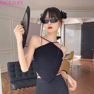 Back2life Áo vest nhẹ, Áo hai dây dệt kim hở lưng rỗng, Dây đeo Spaghetti mềm không tay Hàn Quốc móc Crop Top đồ đi biển