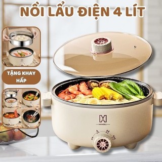  Nồi lẩu điện mini nồi điện đa năng kèm xửng hấp inox dung tích 4L tiết kiệm điện 
