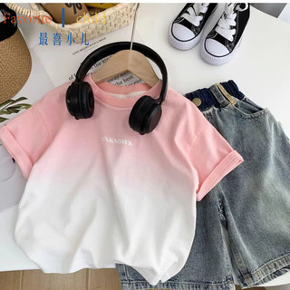 Áo thun ngắn tay Phong cách phương Tây Trẻ em Trung nhỏ Màu hồng Gradient Mùa hè Phong cách mỏng bé trai Phong cách mới Trẻ em Phiên bản Hàn Quốc Tất cả @